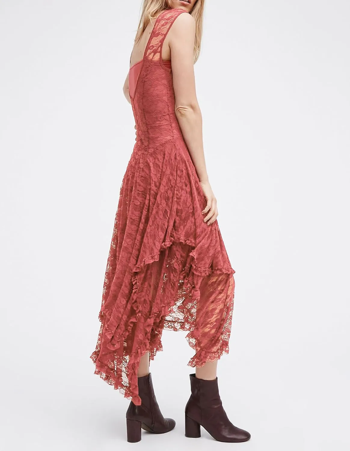 R.Vivimos Womens Sleeveless Backless Asymmetrical Layered Lace Long Dress with Slip Two Pieces