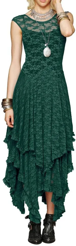 R.Vivimos Womens Sleeveless Backless Asymmetrical Layered Lace Long Dress with Slip Two Pieces