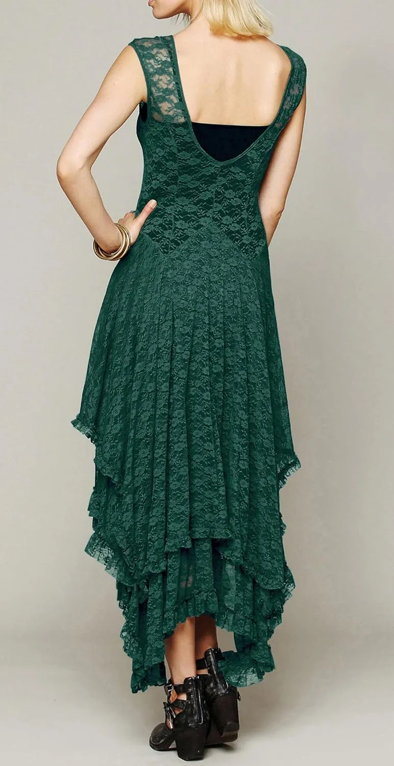 R.Vivimos Womens Sleeveless Backless Asymmetrical Layered Lace Long Dress with Slip Two Pieces