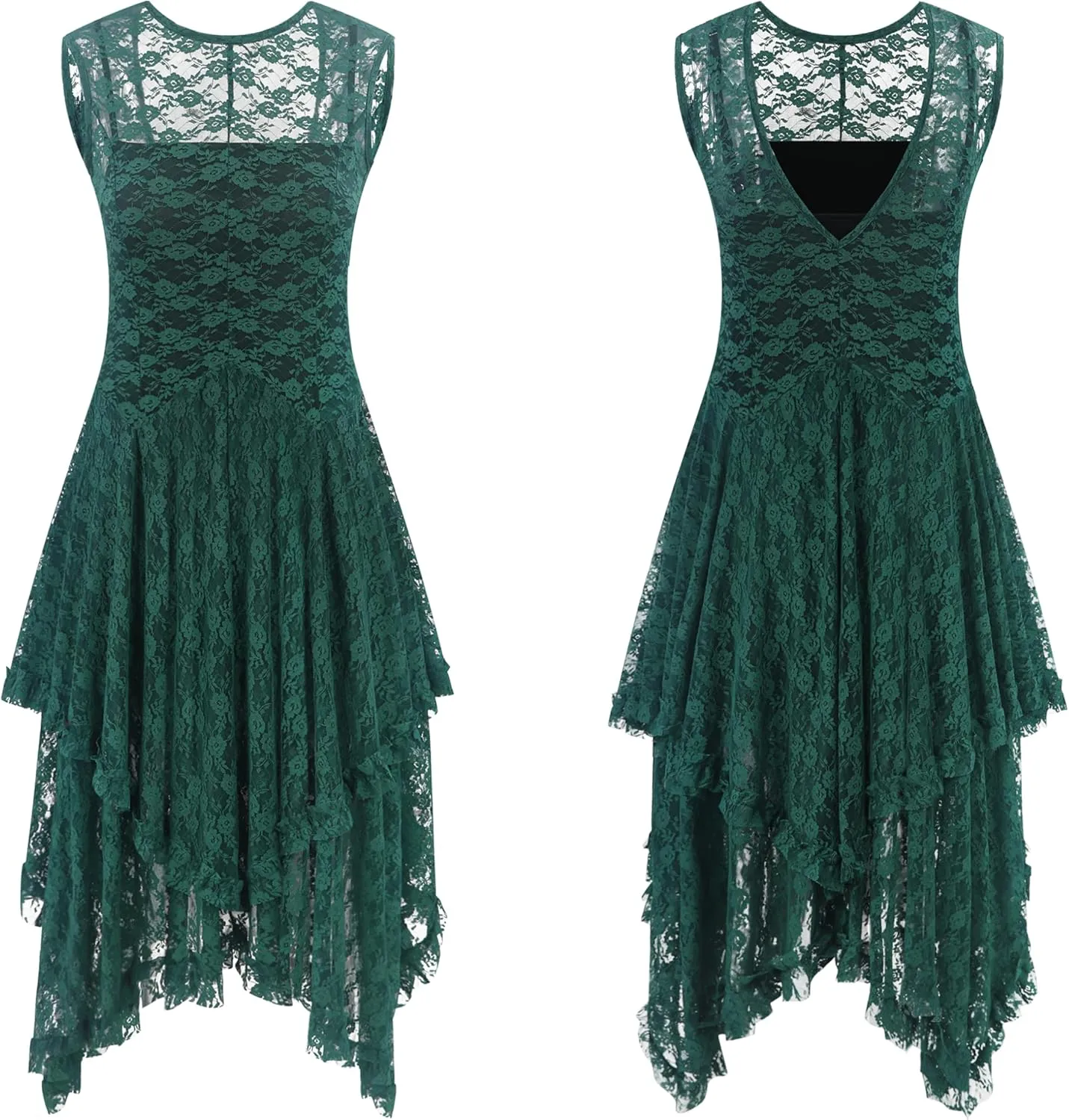 R.Vivimos Womens Sleeveless Backless Asymmetrical Layered Lace Long Dress with Slip Two Pieces
