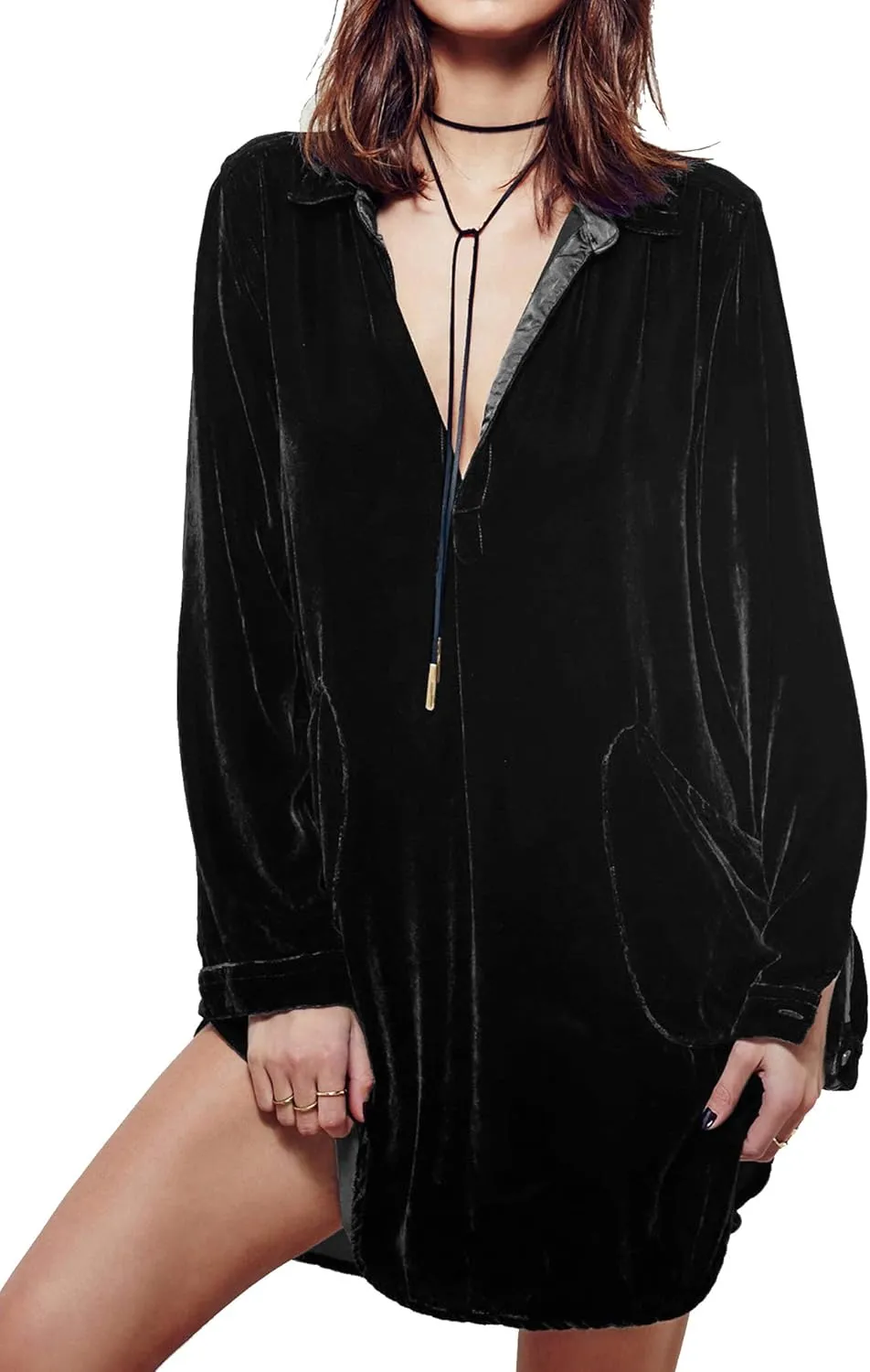 R.Vivimos Womens Velvet Long Sleeve Pocket Casual Mini Shirt Dress