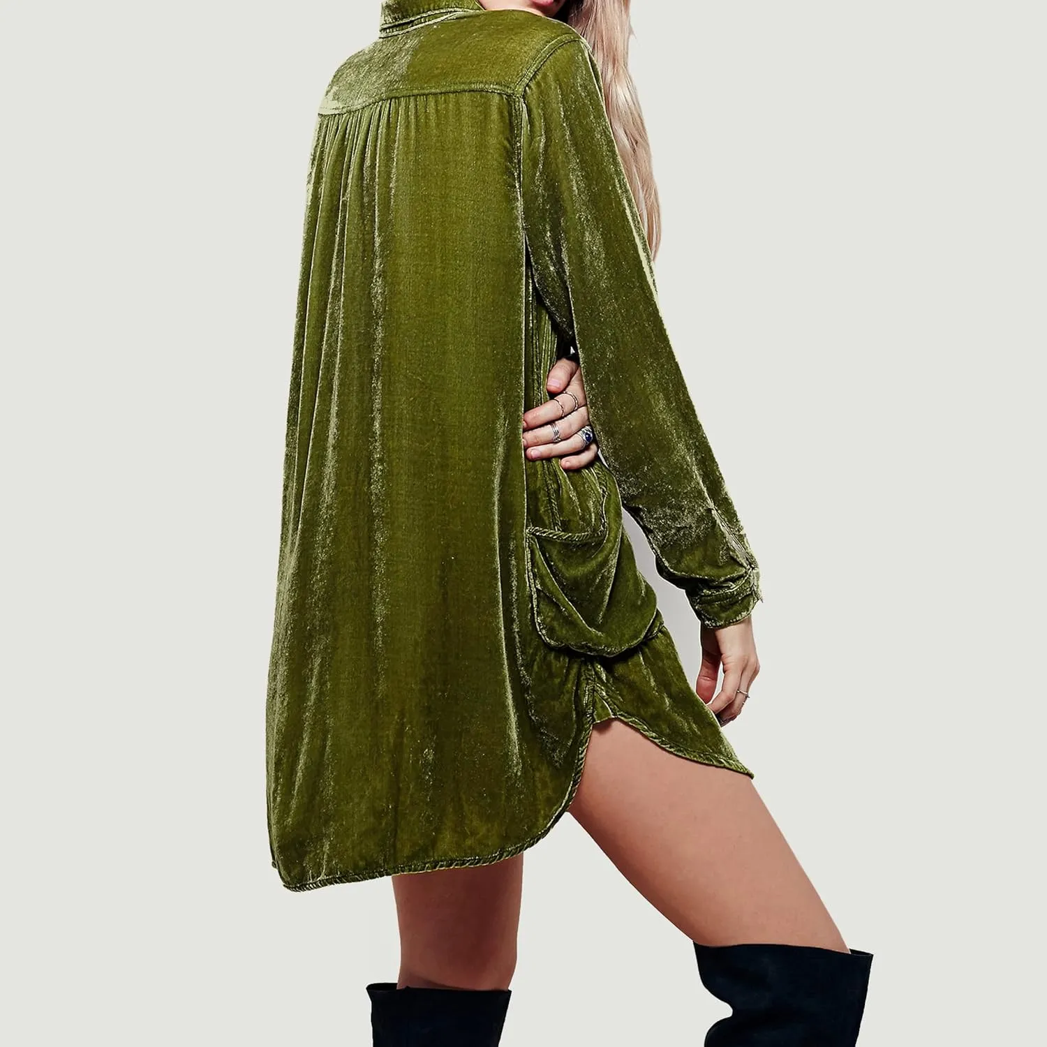 R.Vivimos Womens Velvet Long Sleeve Pocket Casual Mini Shirt Dress