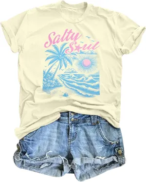 Salty Beach Oversized Shirt Women Hawaiian Beach Shirts Sunshine Graphic Tee Summer Vacation Tees Tops