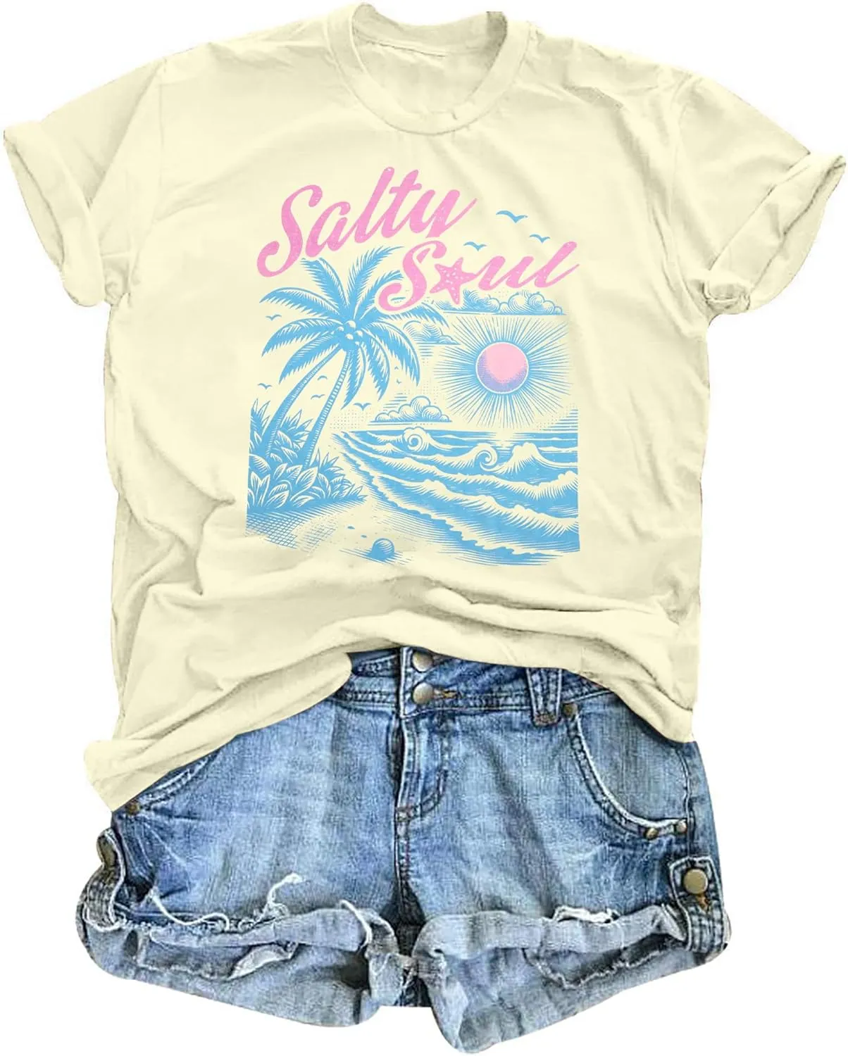 Salty Beach Oversized Shirt Women Hawaiian Beach Shirts Sunshine Graphic Tee Summer Vacation Tees Tops