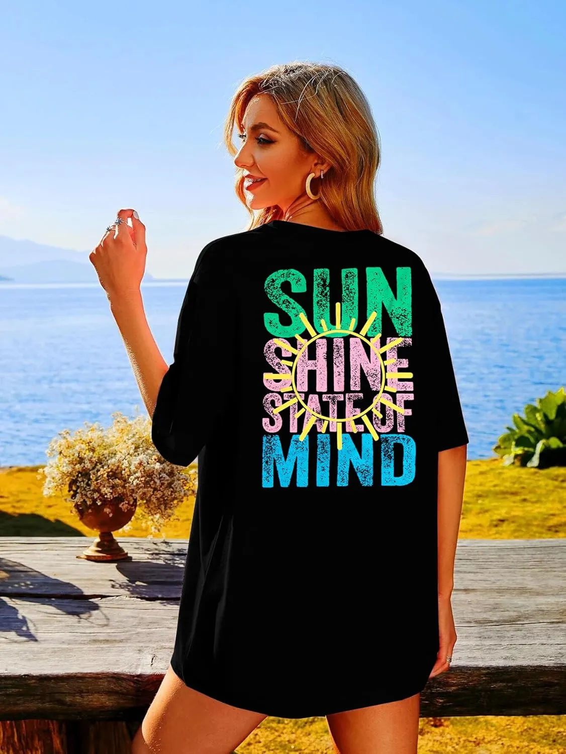 Salty Beach Oversized Shirt Women Hawaiian Beach Shirts Sunshine Graphic Tee Summer Vacation Tees Tops