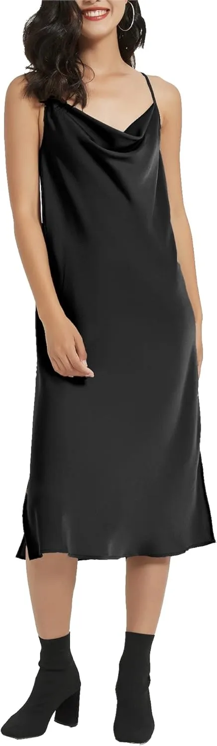 Satin Midi Slip Dress Silky Cowl Neck Dress Adjustable Spaghetti Strap, Ideal for Date Night or Formal Occasions