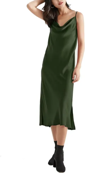 Satin Midi Slip Dress Silky Cowl Neck Dress Adjustable Spaghetti Strap, Ideal for Date Night or Formal Occasions