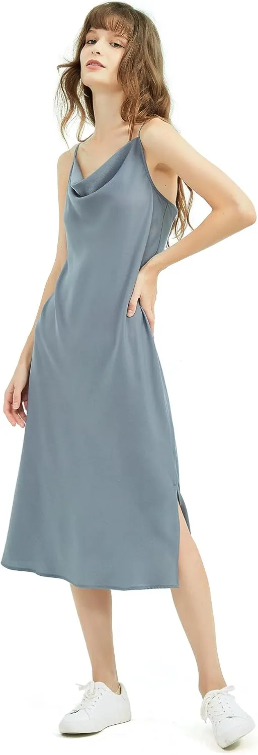 Satin Midi Slip Dress Silky Cowl Neck Dress Adjustable Spaghetti Strap, Ideal for Date Night or Formal Occasions