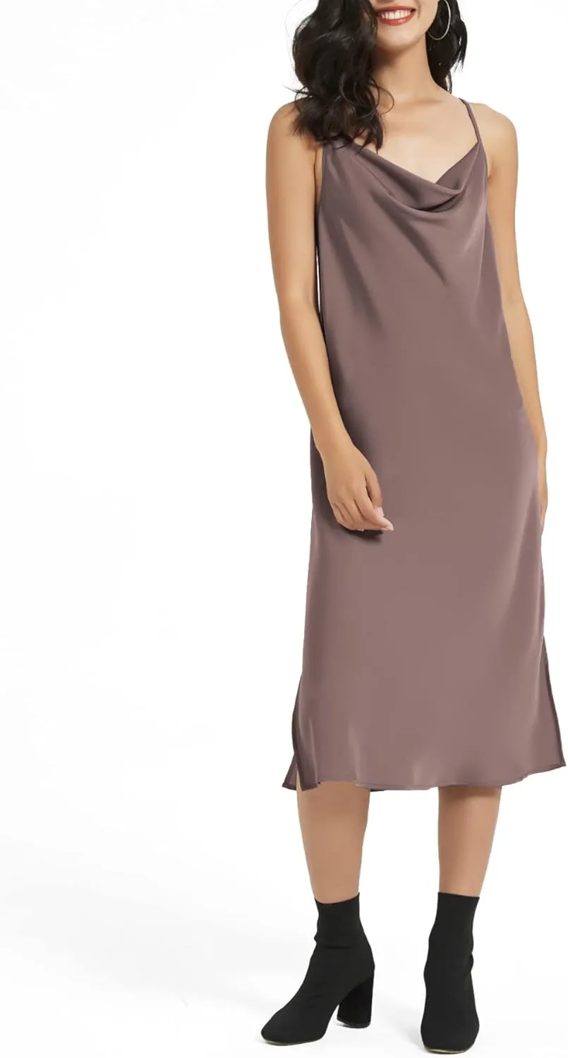 Satin Midi Slip Dress Silky Cowl Neck Dress Adjustable Spaghetti Strap, Ideal for Date Night or Formal Occasions