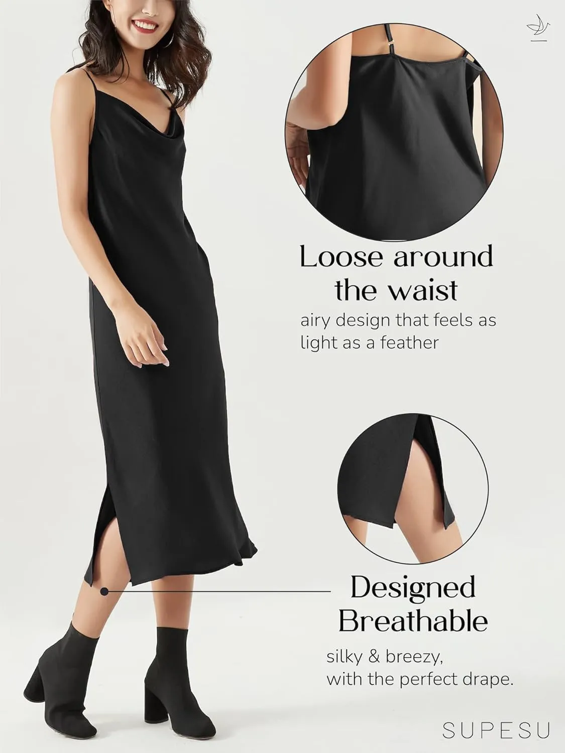 Satin Midi Slip Dress Silky Cowl Neck Dress Adjustable Spaghetti Strap, Ideal for Date Night or Formal Occasions