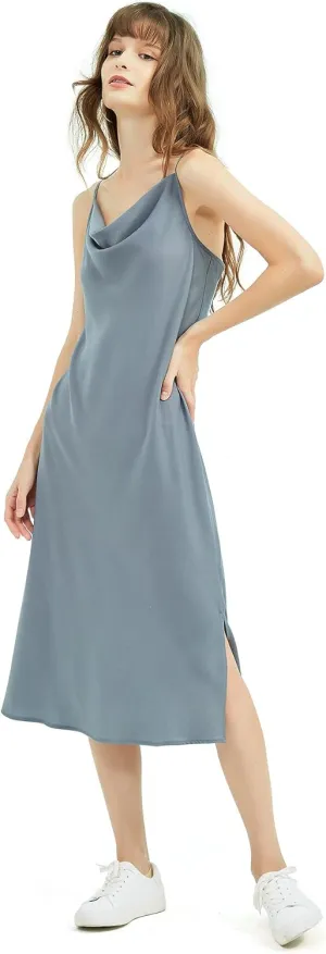 Satin Midi Slip Dress Silky Cowl Neck Dress Adjustable Spaghetti Strap, Ideal for Date Night or Formal Occasions