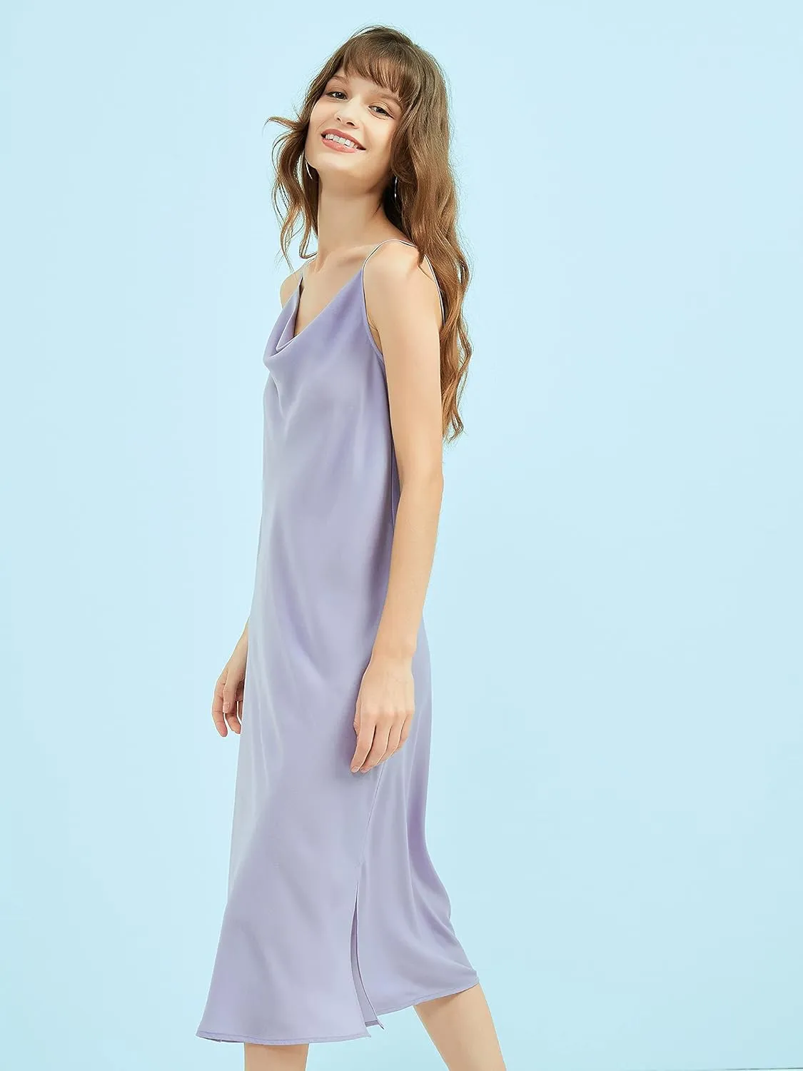 Satin Midi Slip Dress Silky Cowl Neck Dress Adjustable Spaghetti Strap, Ideal for Date Night or Formal Occasions