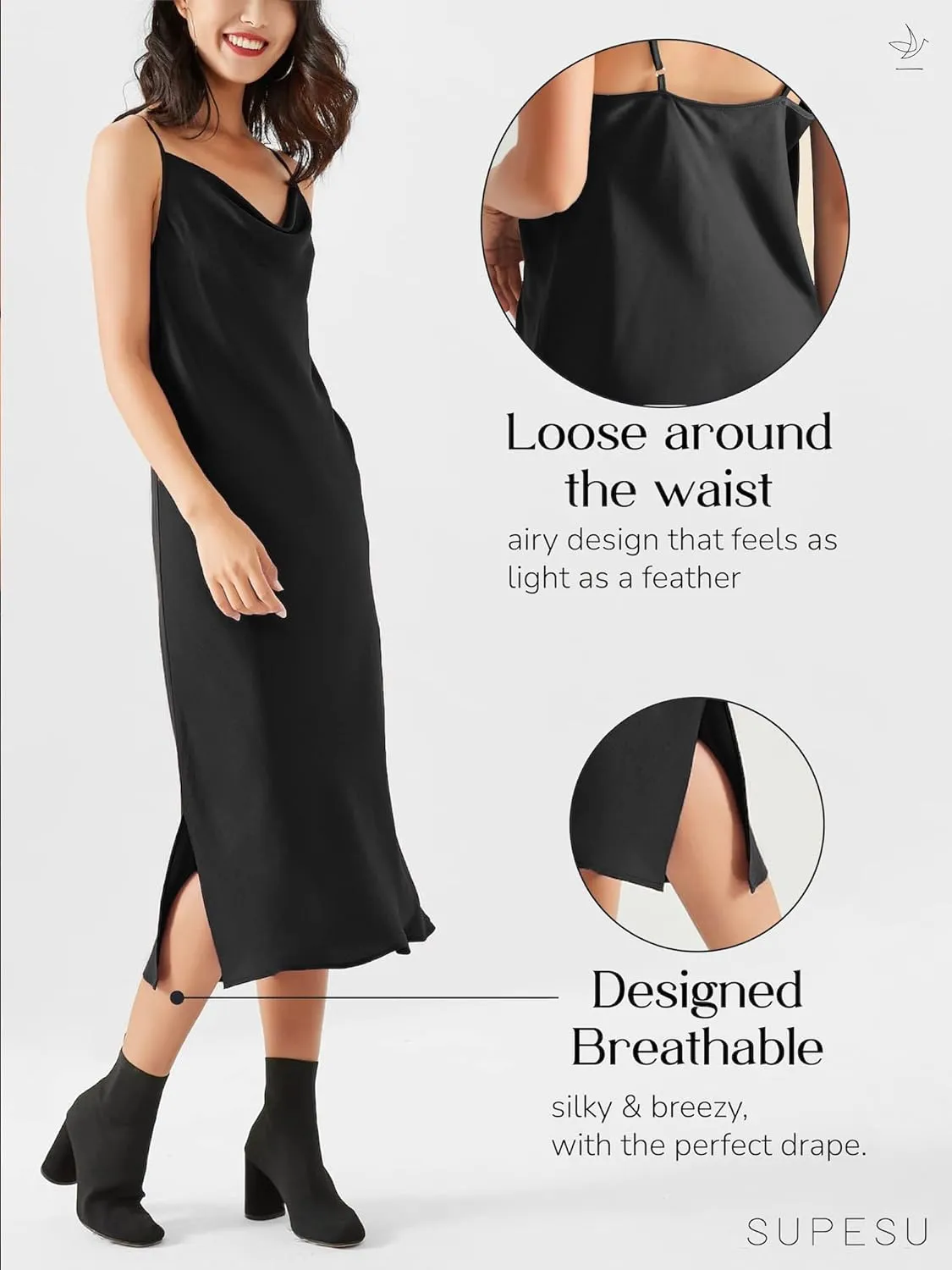 Satin Midi Slip Dress Silky Cowl Neck Dress Adjustable Spaghetti Strap, Ideal for Date Night or Formal Occasions