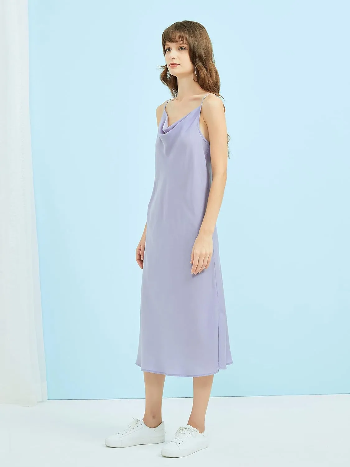 Satin Midi Slip Dress Silky Cowl Neck Dress Adjustable Spaghetti Strap, Ideal for Date Night or Formal Occasions