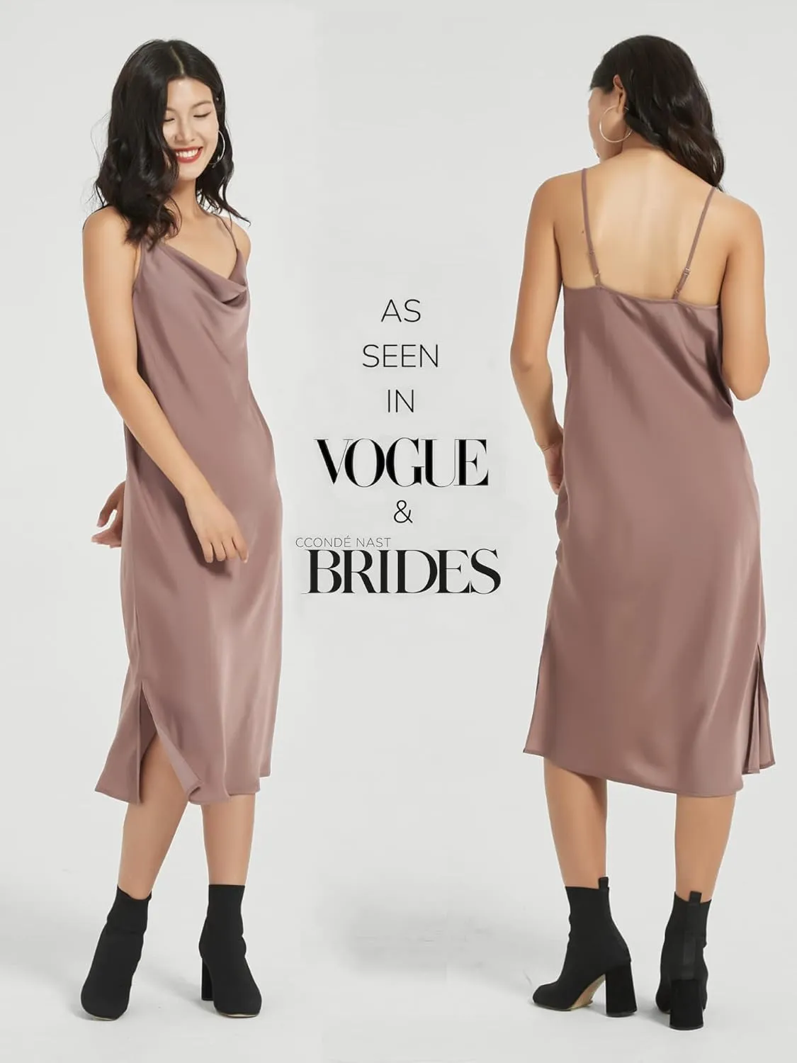 Satin Midi Slip Dress Silky Cowl Neck Dress Adjustable Spaghetti Strap, Ideal for Date Night or Formal Occasions