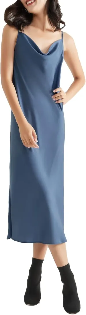 Satin Midi Slip Dress Silky Cowl Neck Dress Adjustable Spaghetti Strap, Ideal for Date Night or Formal Occasions