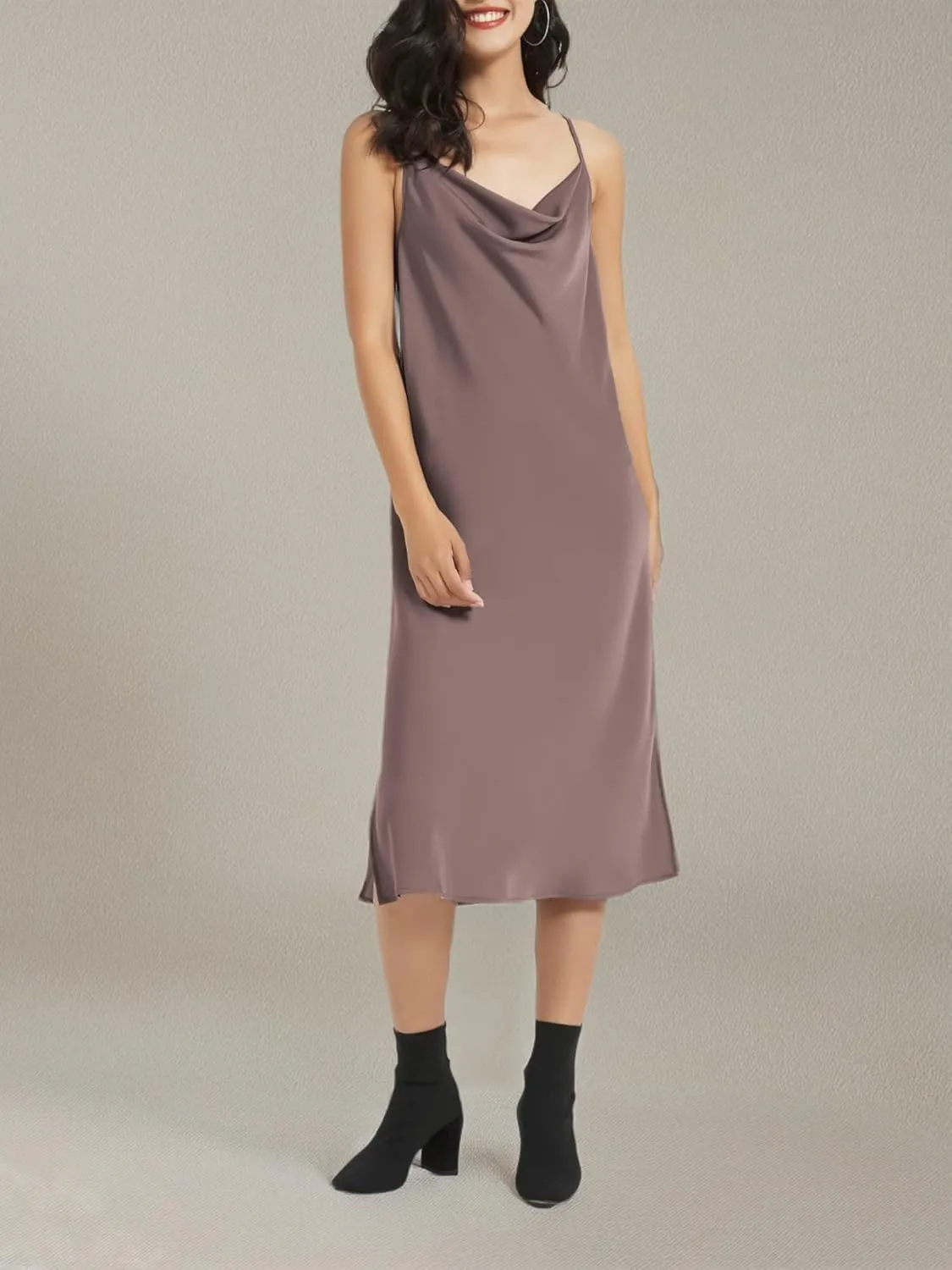 Satin Midi Slip Dress Silky Cowl Neck Dress Adjustable Spaghetti Strap, Ideal for Date Night or Formal Occasions