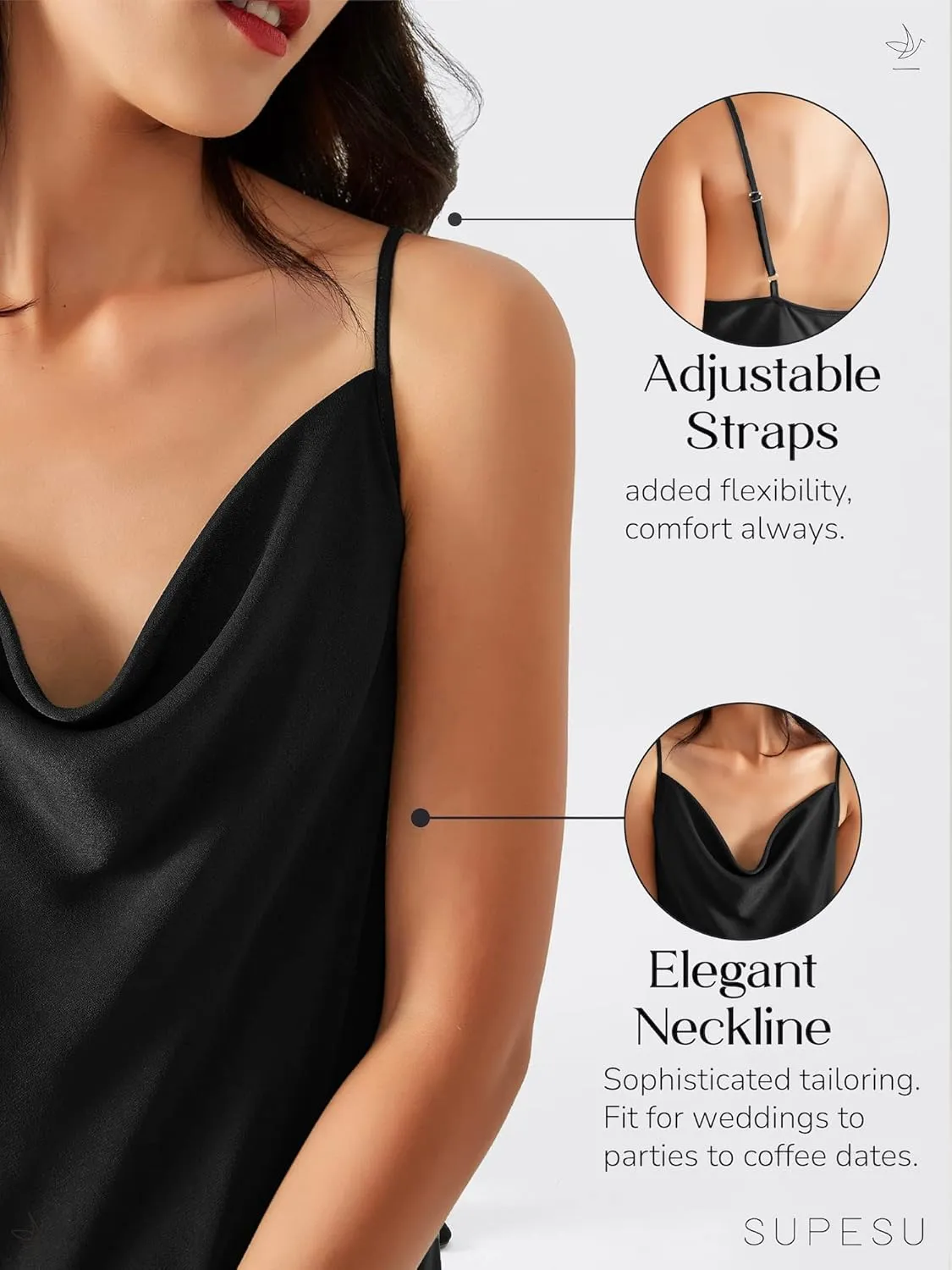 Satin Midi Slip Dress Silky Cowl Neck Dress Adjustable Spaghetti Strap, Ideal for Date Night or Formal Occasions