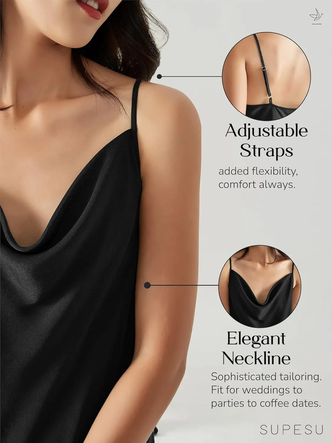 Satin Midi Slip Dress Silky Cowl Neck Dress Adjustable Spaghetti Strap, Ideal for Date Night or Formal Occasions