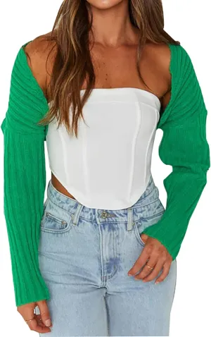 Sdencin Women Open Front Knit Crop Cardigan Long Sleeve Drop Shoulder Shrug Ribbed Knit Cropped Sweater Tops Outerwear