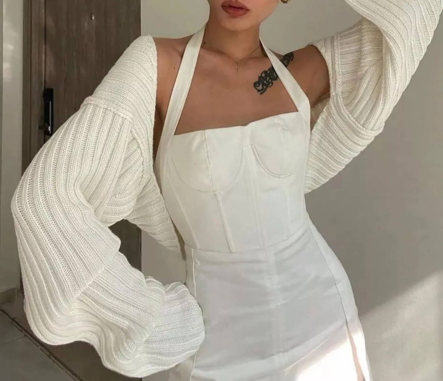 Sdencin Women Open Front Knit Crop Cardigan Long Sleeve Drop Shoulder Shrug Ribbed Knit Cropped Sweater Tops Outerwear