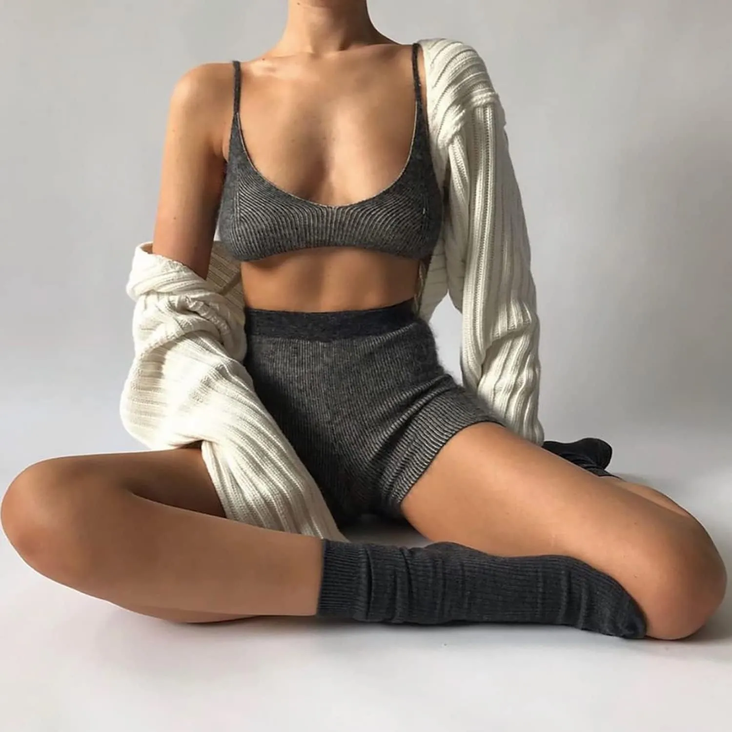 Sdencin Women Open Front Knit Crop Cardigan Long Sleeve Drop Shoulder Shrug Ribbed Knit Cropped Sweater Tops Outerwear