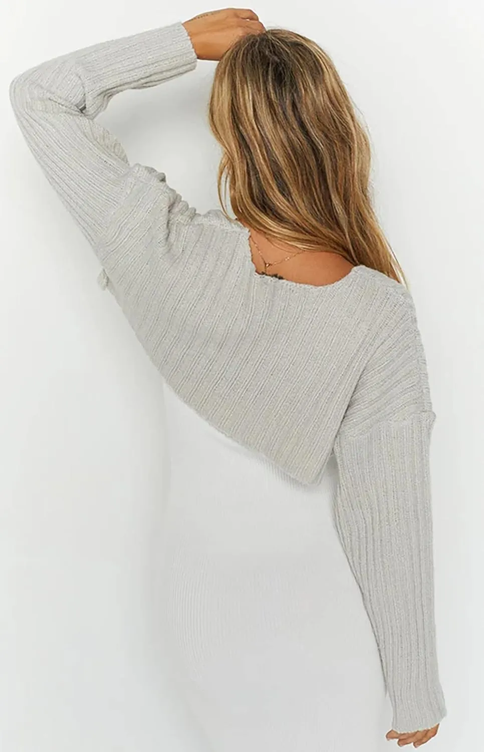 Sdencin Women Open Front Knit Crop Cardigan Long Sleeve Drop Shoulder Shrug Ribbed Knit Cropped Sweater Tops Outerwear