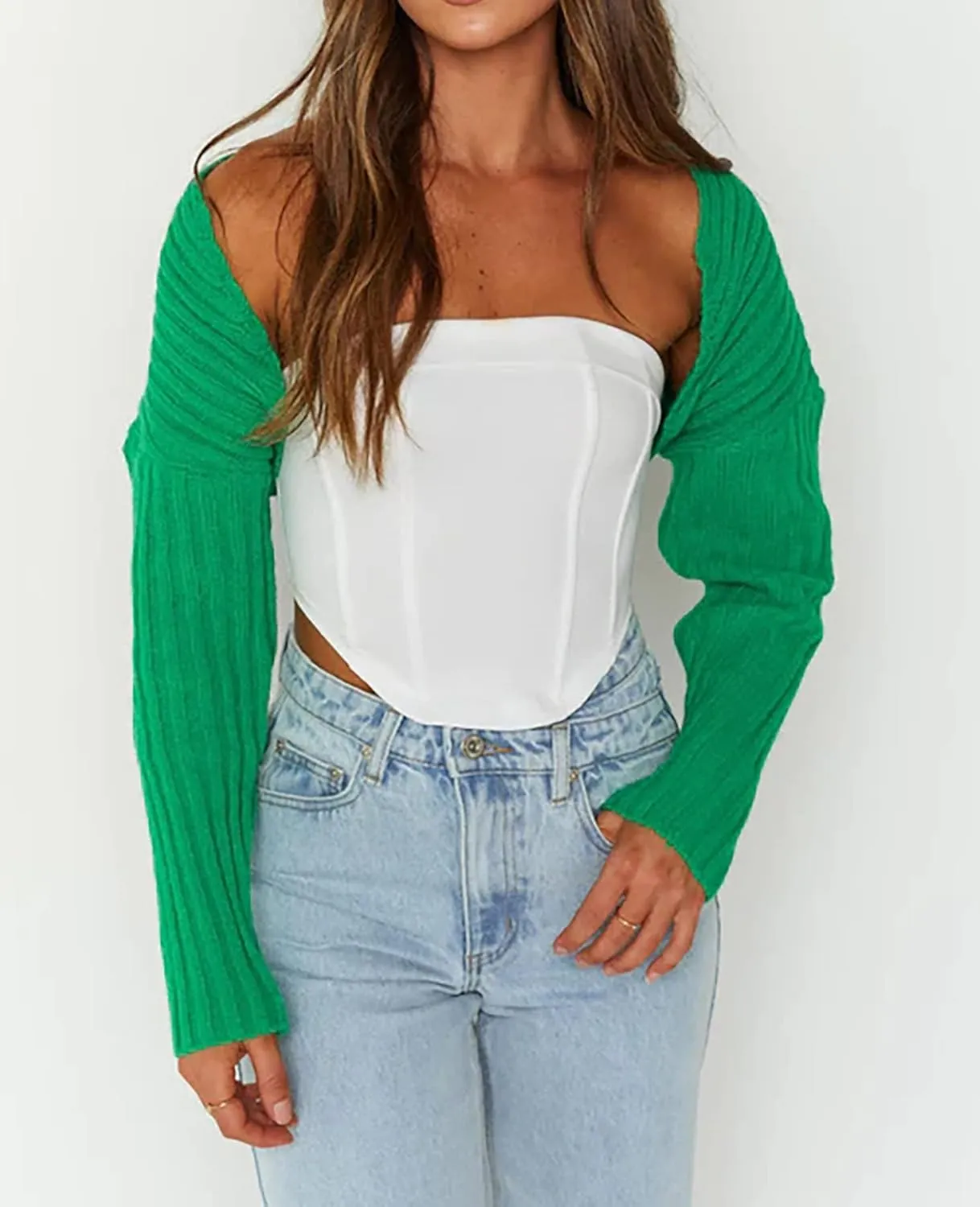 Sdencin Women Open Front Knit Crop Cardigan Long Sleeve Drop Shoulder Shrug Ribbed Knit Cropped Sweater Tops Outerwear