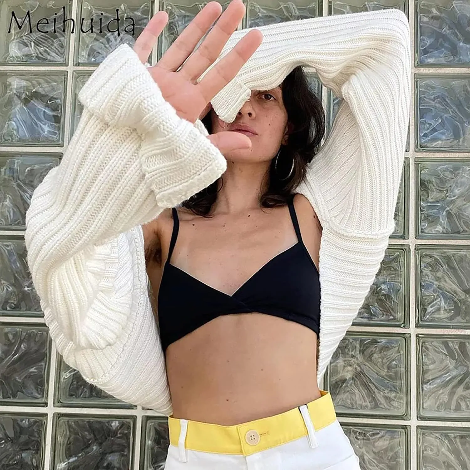 Sdencin Women Open Front Knit Crop Cardigan Long Sleeve Drop Shoulder Shrug Ribbed Knit Cropped Sweater Tops Outerwear