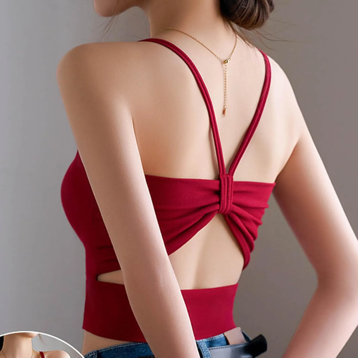 Sexy Ruched Cutout Back Cami Top Women Summer Built in Bra Yoga Tank Tops Ribbed Knit Form Fitting Crop Undershirts