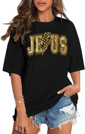 SFHFY Christian Oversized Shirt Women: Sequin Jesus T-Shirt Religious Faith Tshirt Casual Inspirational Tee Tops