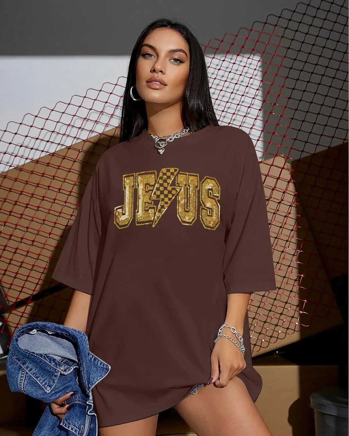SFHFY Christian Oversized Shirt Women: Sequin Jesus T-Shirt Religious Faith Tshirt Casual Inspirational Tee Tops