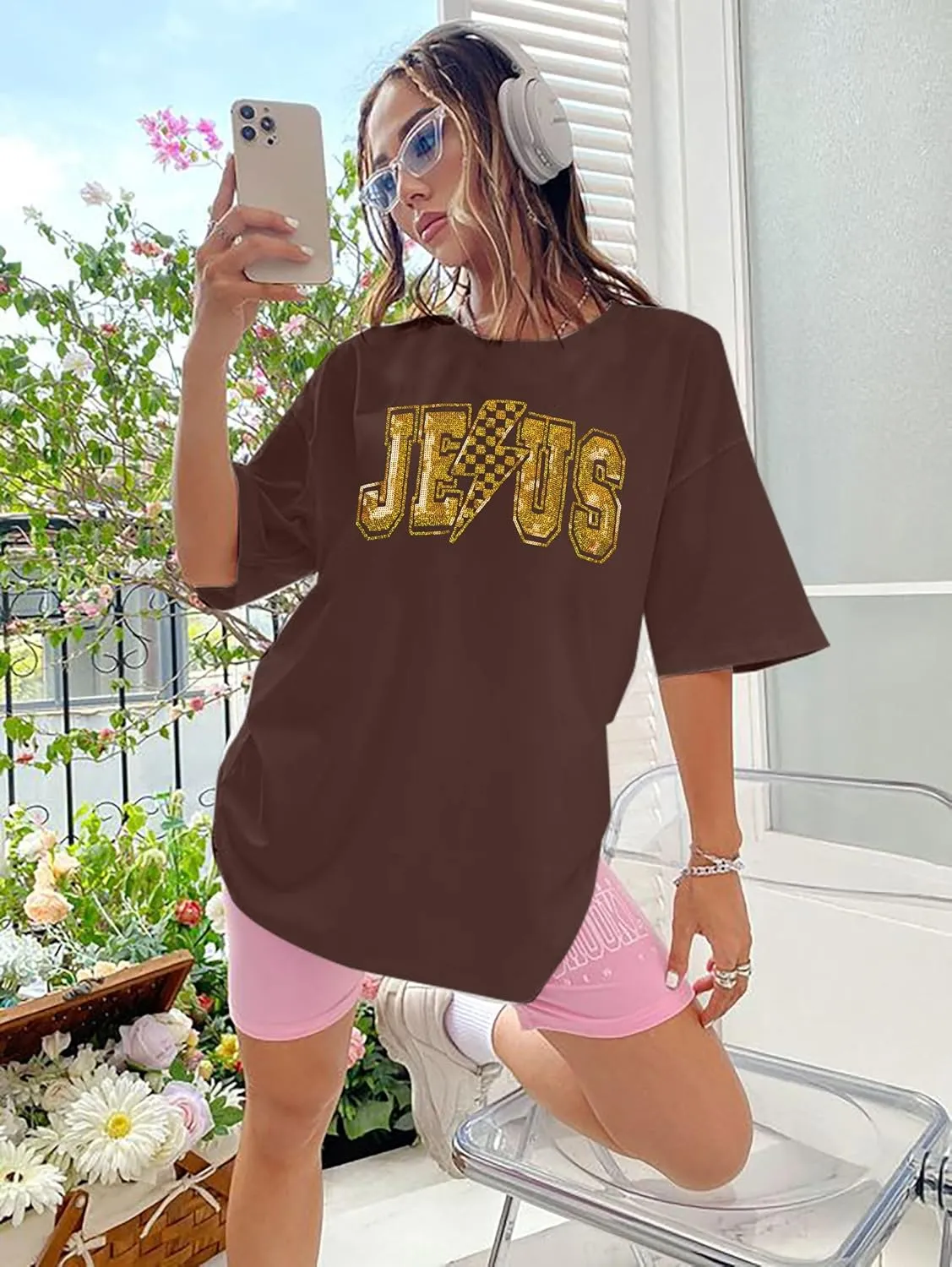 SFHFY Christian Oversized Shirt Women: Sequin Jesus T-Shirt Religious Faith Tshirt Casual Inspirational Tee Tops