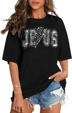 SFHFY Christian Oversized Shirt Women: Sequin Jesus T-Shirt Religious Faith Tshirt Casual Inspirational Tee Tops