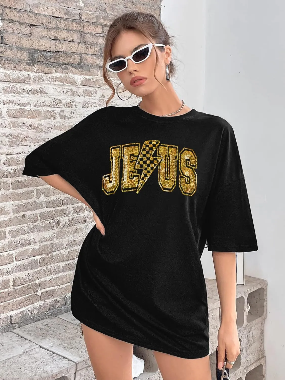 SFHFY Christian Oversized Shirt Women: Sequin Jesus T-Shirt Religious Faith Tshirt Casual Inspirational Tee Tops