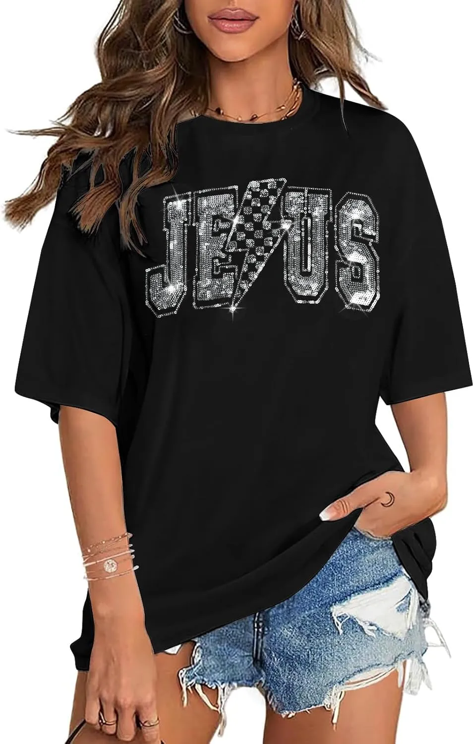 SFHFY Christian Oversized Shirt Women: Sequin Jesus T-Shirt Religious Faith Tshirt Casual Inspirational Tee Tops