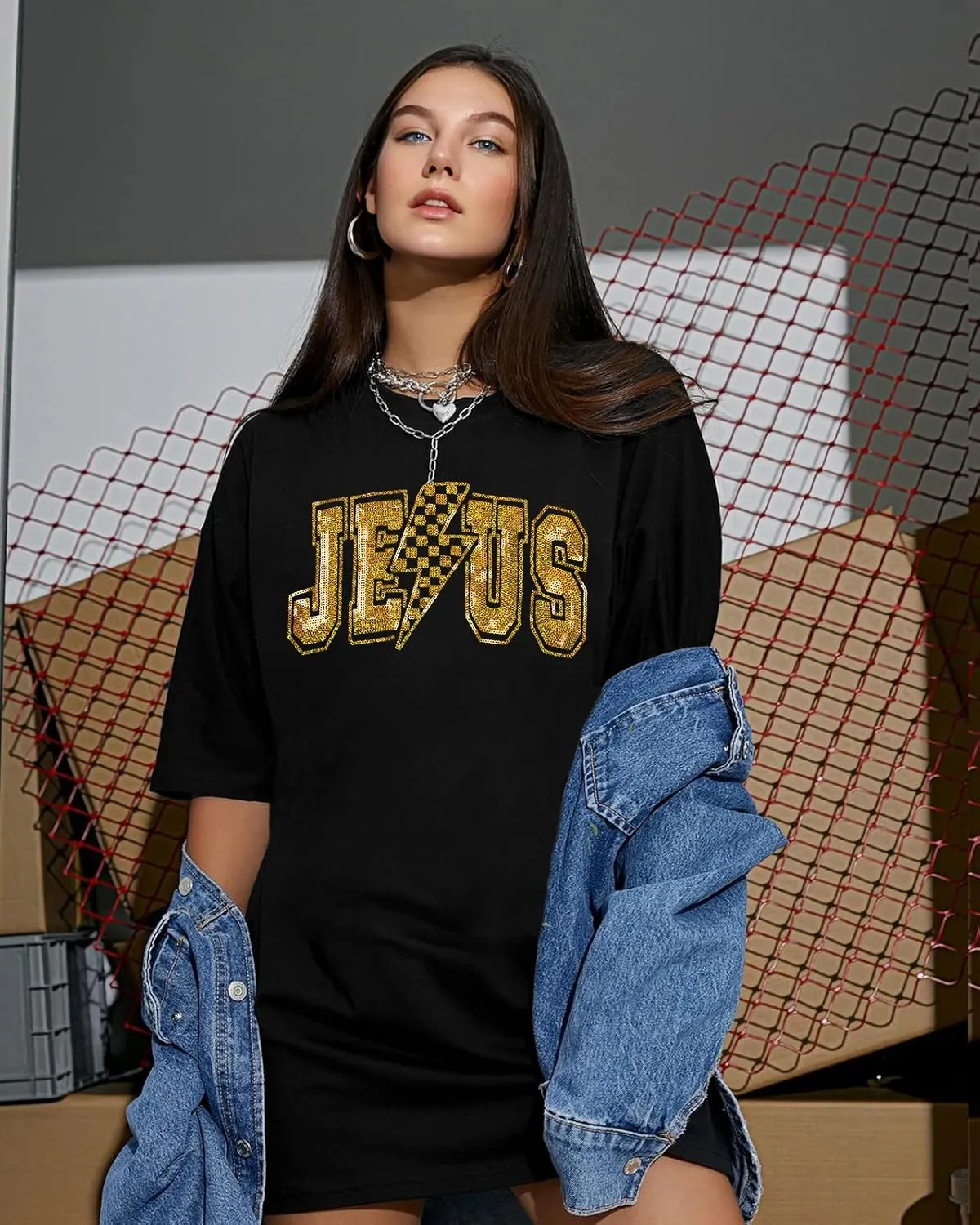 SFHFY Christian Oversized Shirt Women: Sequin Jesus T-Shirt Religious Faith Tshirt Casual Inspirational Tee Tops