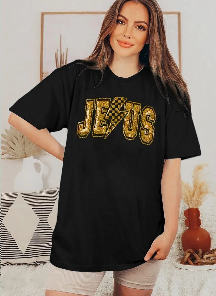 SFHFY Christian Oversized Shirt Women: Sequin Jesus T-Shirt Religious Faith Tshirt Casual Inspirational Tee Tops