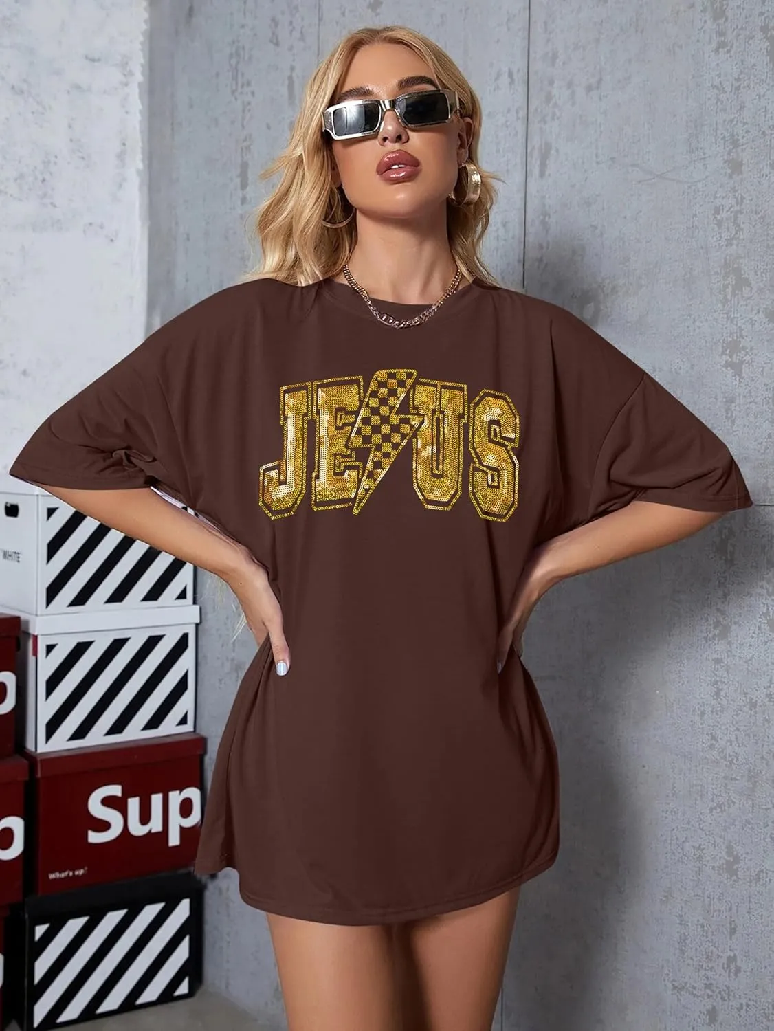 SFHFY Christian Oversized Shirt Women: Sequin Jesus T-Shirt Religious Faith Tshirt Casual Inspirational Tee Tops