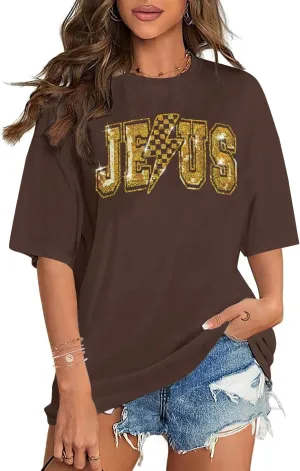 SFHFY Christian Oversized Shirt Women: Sequin Jesus T-Shirt Religious Faith Tshirt Casual Inspirational Tee Tops