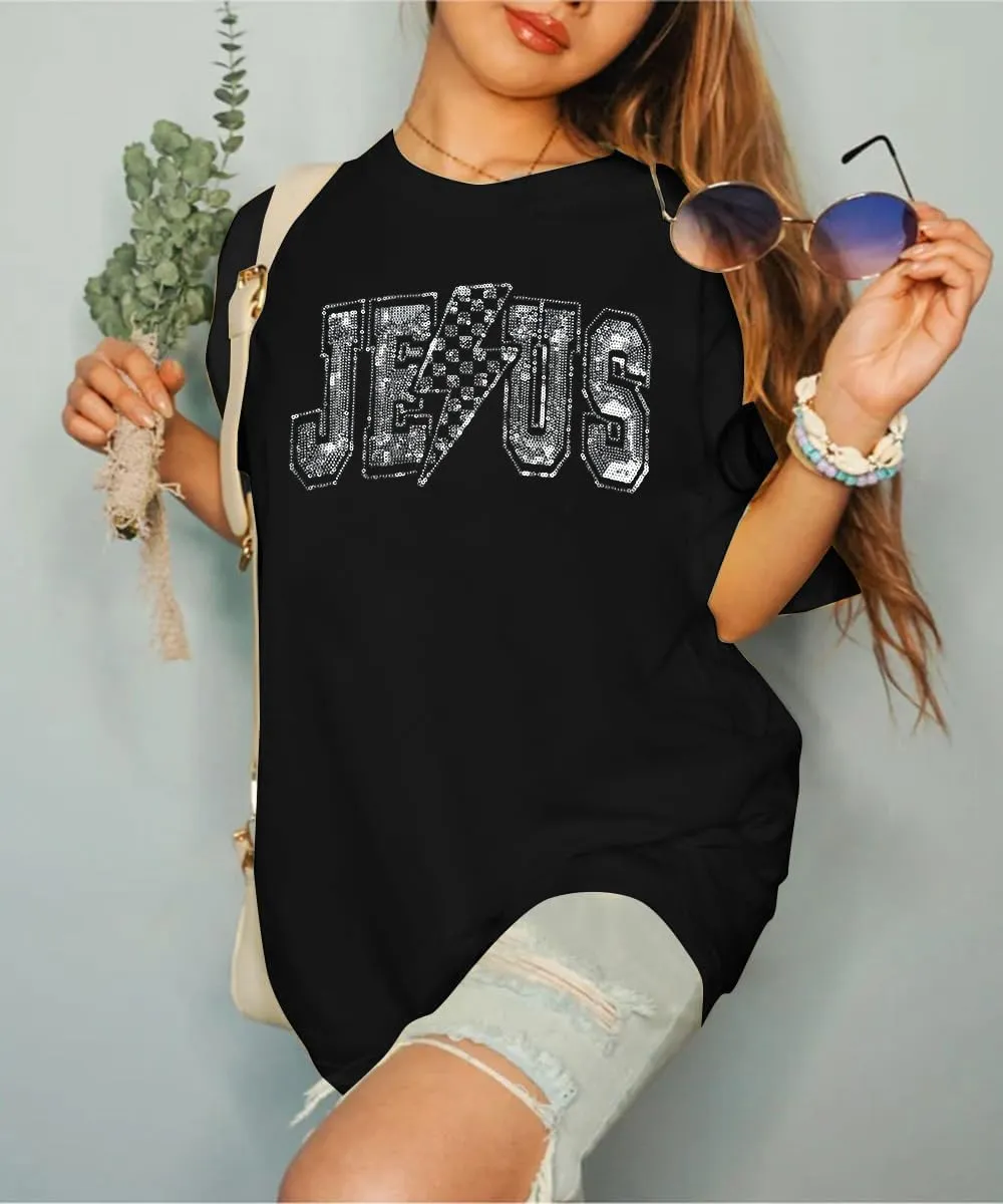SFHFY Christian Oversized Shirt Women: Sequin Jesus T-Shirt Religious Faith Tshirt Casual Inspirational Tee Tops