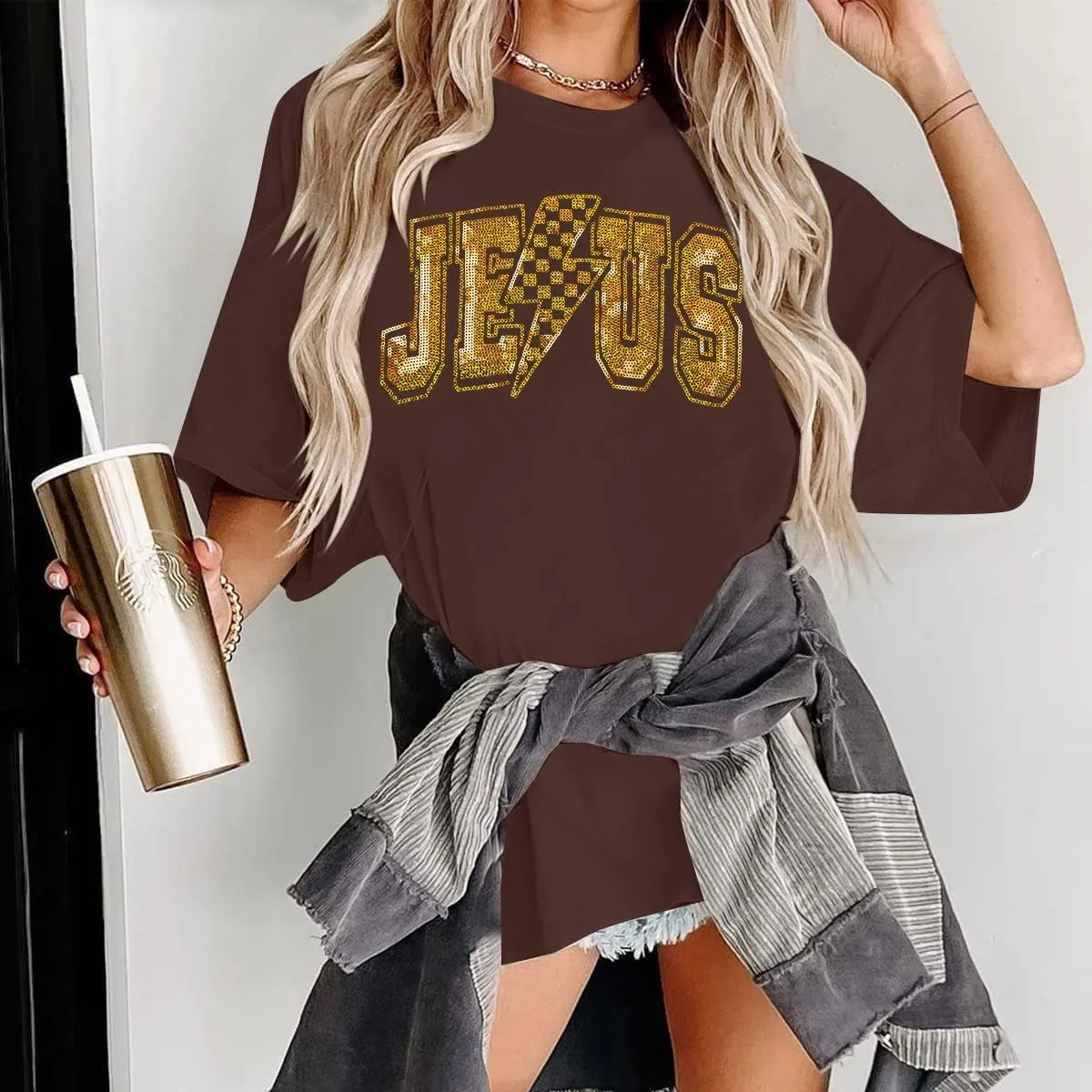 SFHFY Christian Oversized Shirt Women: Sequin Jesus T-Shirt Religious Faith Tshirt Casual Inspirational Tee Tops