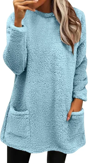 SHAOBGE Womens 2023 Winter Fleece Jacket Sweater Warm Solid Color Outerwear Lightweight Casual Loose Coat with Pockets