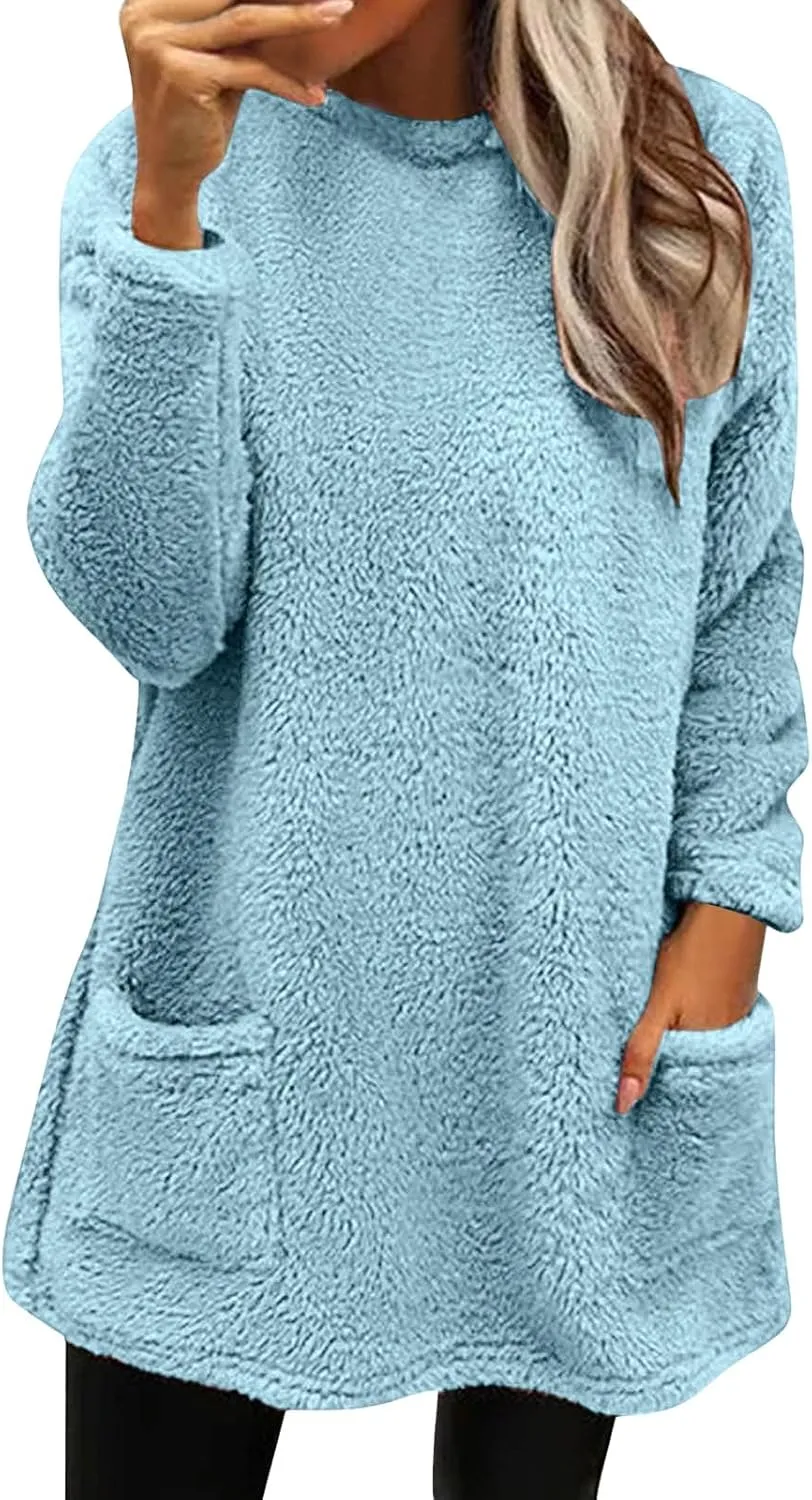 SHAOBGE Womens 2023 Winter Fleece Jacket Sweater Warm Solid Color Outerwear Lightweight Casual Loose Coat with Pockets