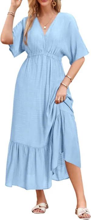 STYLEWORD Women's 2025 Summer Maternity Dress Short Sleeve V Neck Tiered Boho Flowy Long Maxi Dress