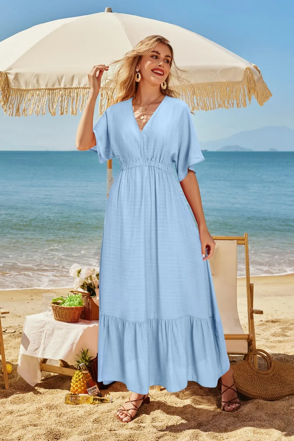 STYLEWORD Women's 2025 Summer Maternity Dress Short Sleeve V Neck Tiered Boho Flowy Long Maxi Dress