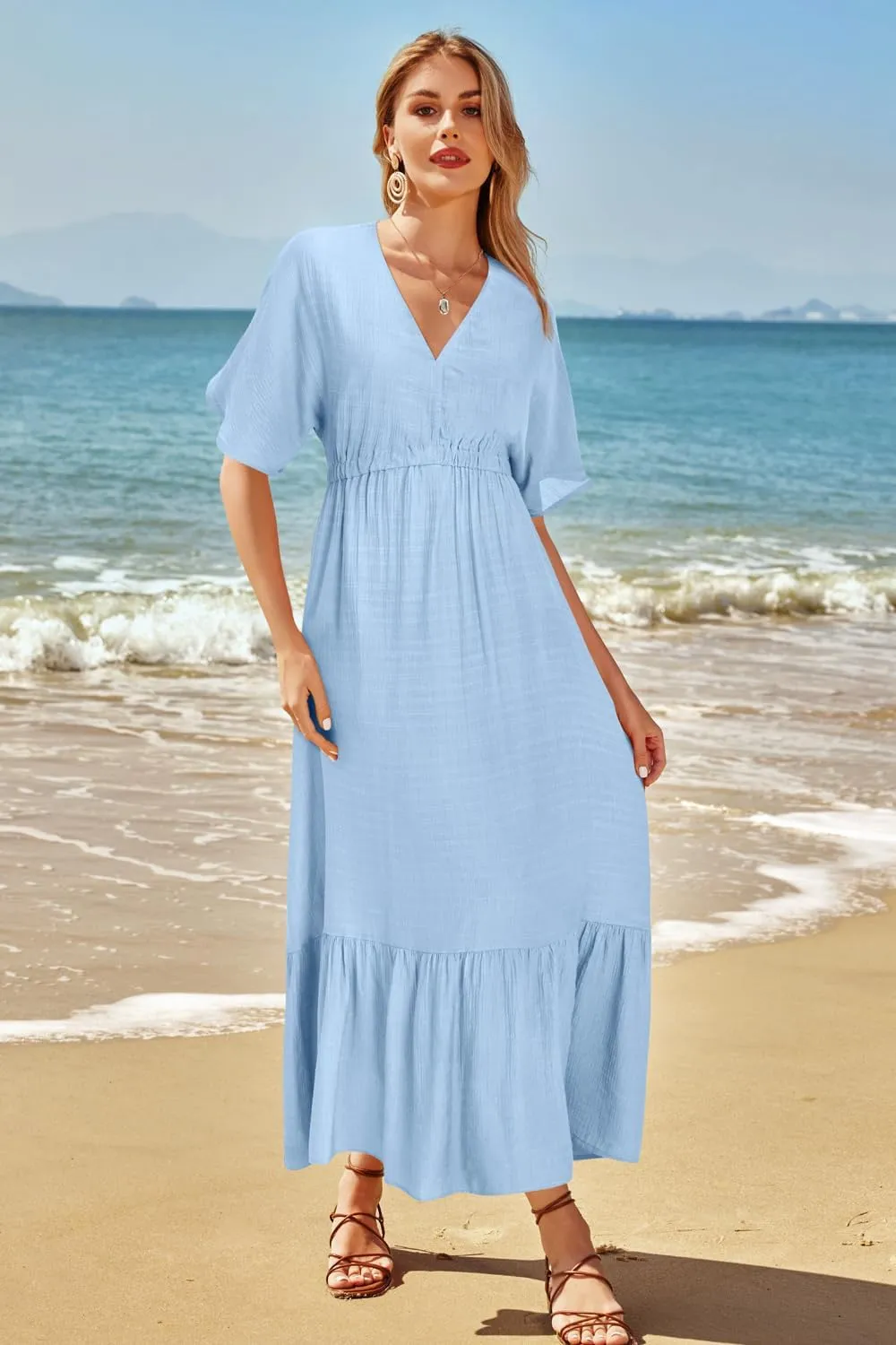 STYLEWORD Women's 2025 Summer Maternity Dress Short Sleeve V Neck Tiered Boho Flowy Long Maxi Dress