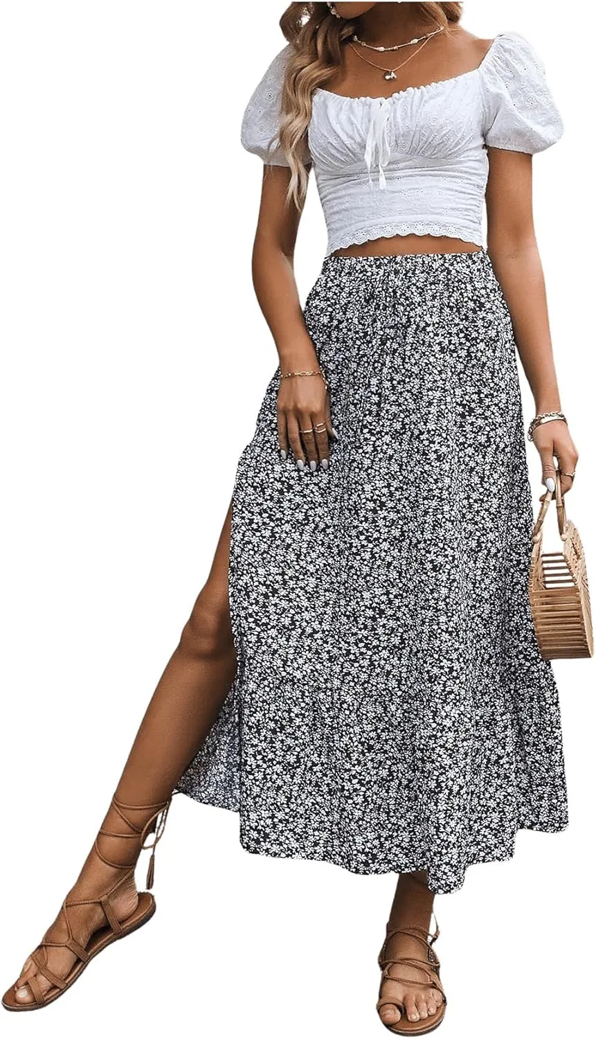 SweatyRocks Women's Casual High Waist Floral Print Skirt Split Thigh A Line Maxi Skirts