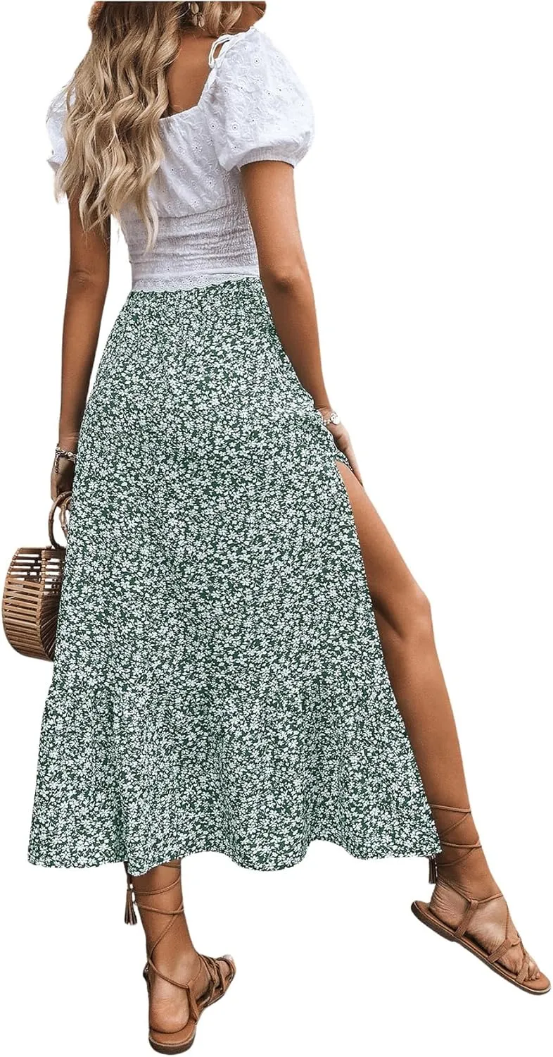 SweatyRocks Women's Casual High Waist Floral Print Skirt Split Thigh A Line Maxi Skirts