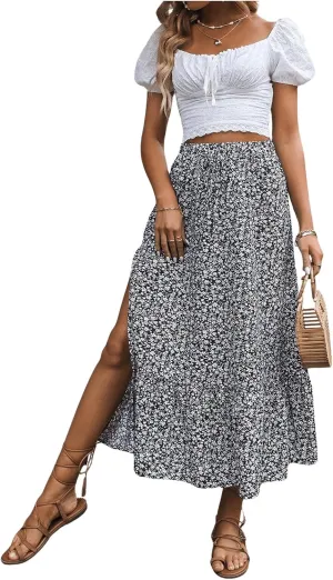 SweatyRocks Women's Casual High Waist Floral Print Skirt Split Thigh A Line Maxi Skirts